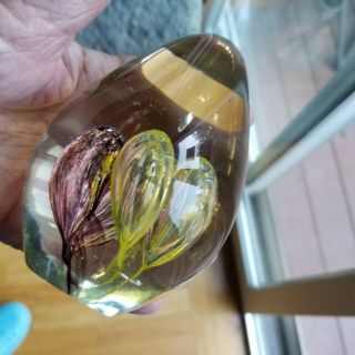 Vintage Art Glass Yellow/purple Egg Shaped Controlled Bubbles Paperweight.