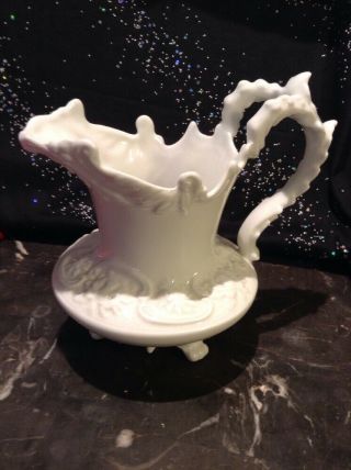 Antique Victorian White Flowered Porcelin Bisque Footed Pitcher 6 Inch