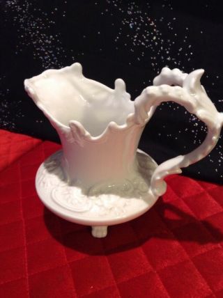 Antique Victorian White Flowered Porcelin Bisque Footed Pitcher 6 Inch 2