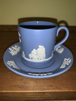 Vintage Wedgwood England Blue & White Jasperware Espresso Cup & Saucer