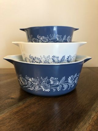 Set Of 3 Pyrex Colonial Mist Blue Flowers Casserole Dishes