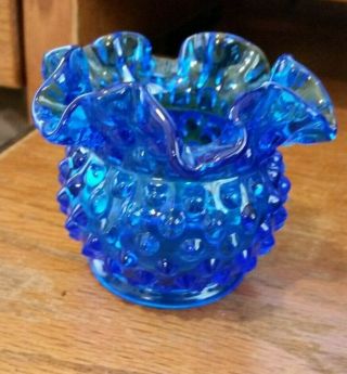 Vintage Small Blue Hobnail Glass Rose Vase - Crimped Ruffle