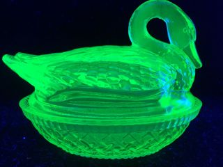 Green Vaseline glass swan on nest basket candy dish Uranium yellow butter / neon 2