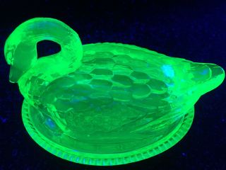 Green Vaseline glass swan on nest basket candy dish Uranium yellow butter / neon 3