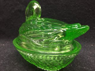 Green Vaseline glass swan on nest basket candy dish Uranium yellow butter / neon 5