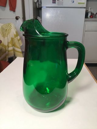 Vintage Emerald Green Anchor Hocking? Glass Drinking Pitcher 1950 - 1967