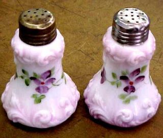 Antique Victorian White Milk Glass Salt & Pepper Shakers W/ Hand Painted Design