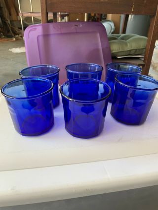 6 Cobalt Blue Tumbler Glasses Made In France 10 Panel Vintage 500 Luminarc 3 3/4