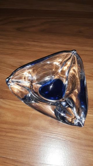 Mid - Century Modern Scandinavian Art Glass Flygsfors Signed Ashtray Heavy Cobalt
