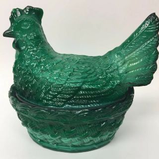 Vintage Jade And Green Slag Glass Hen Chicken on Nest Candy Dish UNIQUE 2