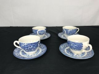 Liberty Blue Historic Colonial Scenes Paul Revere.  4 Cups & Saucers