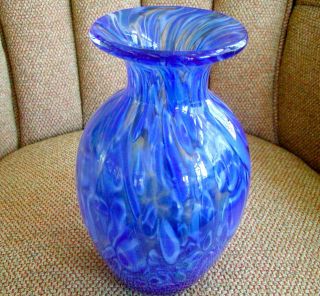 Unmarked Blue & White Swirled 8” X 4.  5” Art Glass Vase Hand Blown