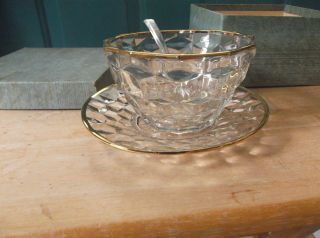 Jeannette Glass Cube Mayo Bowl Or Condiment Server With Underplate And Spoon