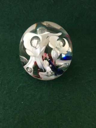 St.  Clair Art Glass Bubble Paperweight White Trumpet Flowers