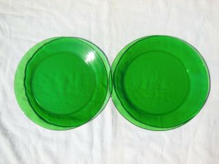 2 Anchor Hocking Forest Green Glass Mid Century 10  Dinner Plates