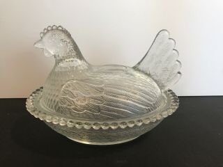 Vintage Glass Chicken Hen On Nest Covered Candy Dish Clear