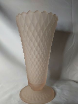 Vintage 7 3/4 " Frosted Pink Pressed Depression Glass Vase Diamond Cut Pattern