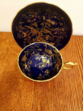 Gorgeous Antique Coalport Cup And Saucer Cobalt And Gold Asiatic Pheasant
