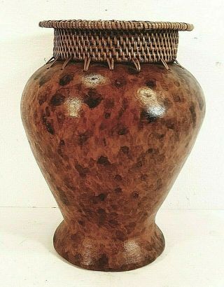 Ceramic Vase With A Burled Wood Finish & A Woven Wicker Opening