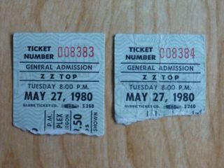 Two (2) Vintage Zz Top Ticket Stubs,  May 27,  1980,  Portland,  Oregon
