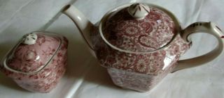 Antique Reflections Tea Pot And Sugar Bowl Burgundy Floral