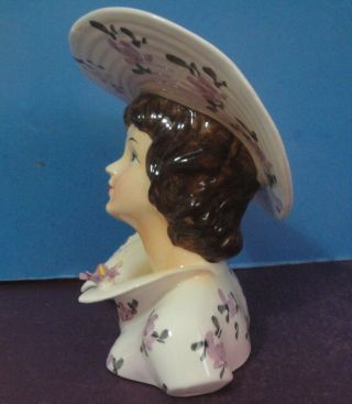 1950 Lefton ' s Hand Painted Lady Headvase Planter w/ Large Hat Lavender Flowers 2