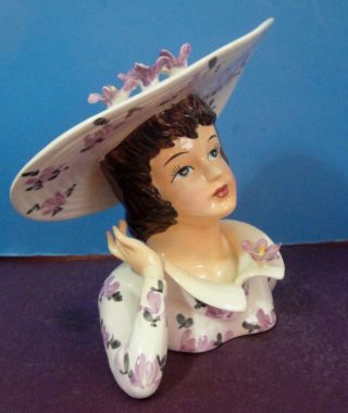 1950 Lefton ' s Hand Painted Lady Headvase Planter w/ Large Hat Lavender Flowers 5