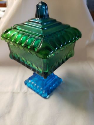 Vintage Blue Green Carnival Glass Candy Dish With Lid Footed Pedestal