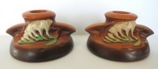 2 Pc Vintage Roseville Pottery Freesia Brown Candle Holders 1160 - 2