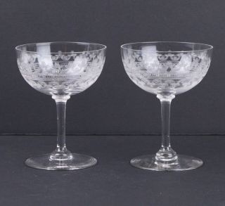 Set Of 2 Vintage Etched Crystal Sherbet Glasses Champagne Coupes