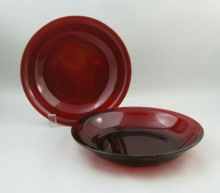 2 Depression Glass Royal Ruby Flat Soup Bowls - 7 1/2 " - Anchor Hocking