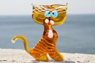 4 " Murano Style Art Craft Color Glass Figurines " Happy Cat " C11