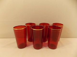 Vintage Deep Ruby Red Glasses With Gold Rim & Gold Stripe - 6 Glasses 2