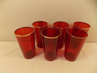 Vintage Deep Ruby Red Glasses With Gold Rim & Gold Stripe - 6 Glasses 3