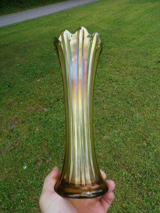 Northwood Carnival Glass Olive Green Thin Rib 10 1/2 Tall Vase Pretty