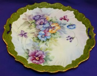 Hand Painted 2 Handled Cake Plate W/ Pansies Signed Opal Lee