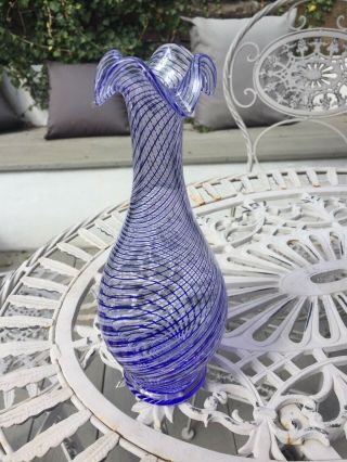 Pasabahce Turkish Blue & White Swirl Crystal Art Glass Vase - 9.  5”t X 2.  5”w Base