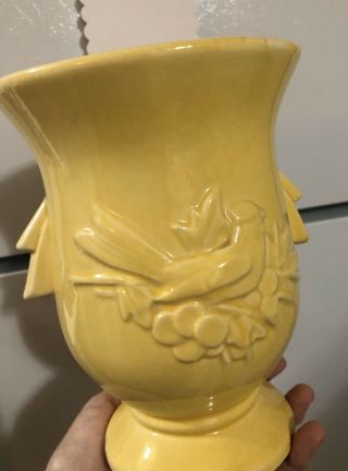 Vintage Mccoy Pottery Large Yellow Vase W/raised Bird On Berry Branch
