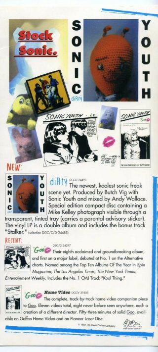 Sonic Youth Vintage " Dirty " Promo - Only Card