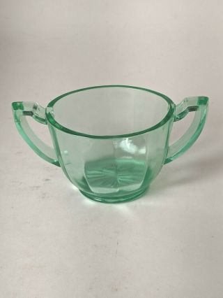 Vintage Green Vaseline Uranium Glass Sugar Bowl Two Handles Art Deco