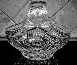 Large Hand Cut Lead Crystal Basket With Handle 10 " By 9 " Weight Is 5 Pd
