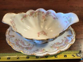 Haviland Limoges The Princess ? Gravy Boat Attached Plate Pink Roses