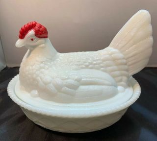 Vintage Westmoreland Milk Glass Chicken Hen On Nest Covered Candy Dish 7 " W X 6 " T