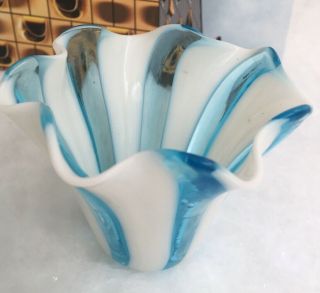 Murano Glass Blue & White Handkerchief Vase 3 " Tiny Vintage