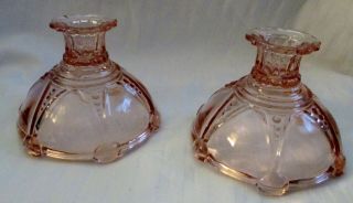 Pair Vintage Pink Depression Glass Candle Holders Candlesticks Oyster & Pearl