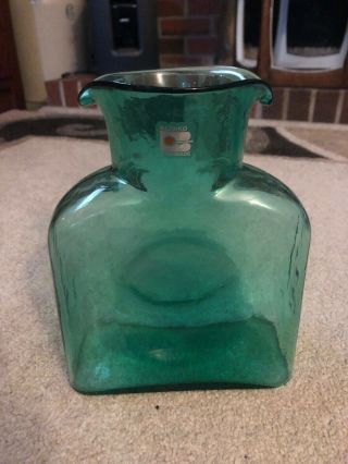 Vintage Blenko Green Art Glass Pitcher Water Bottle Double Lipped 8”