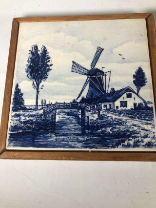 2 Vintage Delft Blauw Blue Windmill Ceramic Tile Hand Painted Holland Sailboat 2