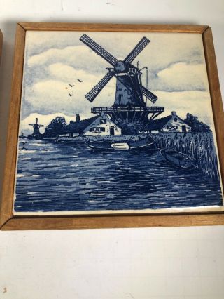 2 Vintage Delft Blauw Blue Windmill Ceramic Tile Hand Painted Holland Sailboat 3