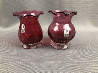 2 Vintage Pilgrim Glass Cranberry 4 " Petal Footed Bud Vases With Scalloped Rims