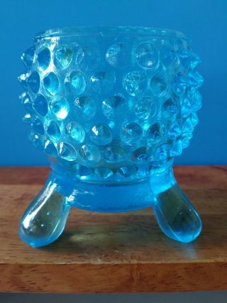 Vintage Blue Glass Hobnail Footed Toothpick Holder Candle Votive Stamped K